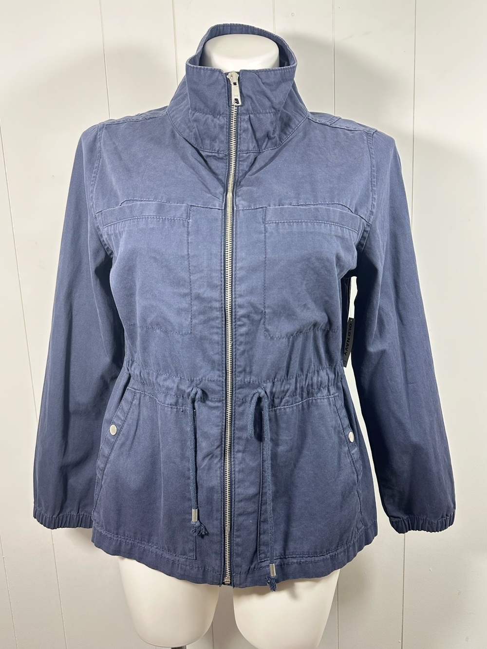 NWT Old Navy Field Jacket Womens L Blue Zip Up Twill Waist Tie Outdoor Utility